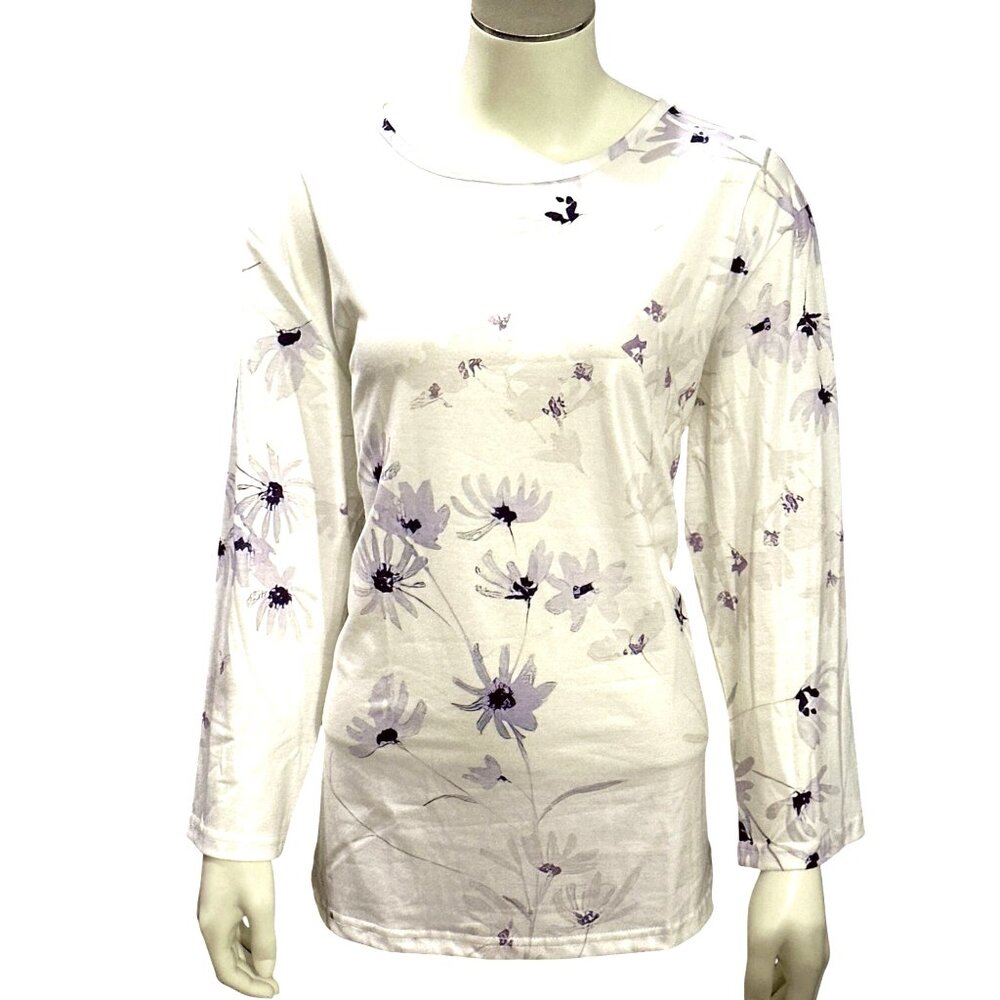 CCC Long Sleeve Floral Round Neck Cotton Blouse Elegant Design Size Large Cotton
